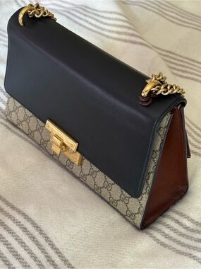 Gucci Black Leather & Beige GG Canvas Shoulder Bag with Gold Hardware